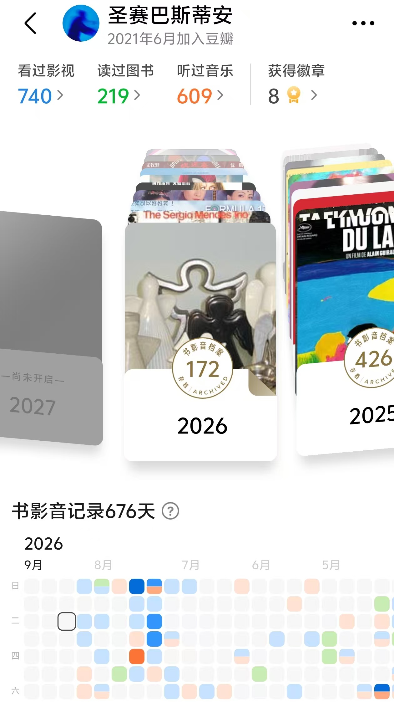 豆瓣书影音记录，共看过 740 部影视、读过 219 本书、听过 609 张音乐